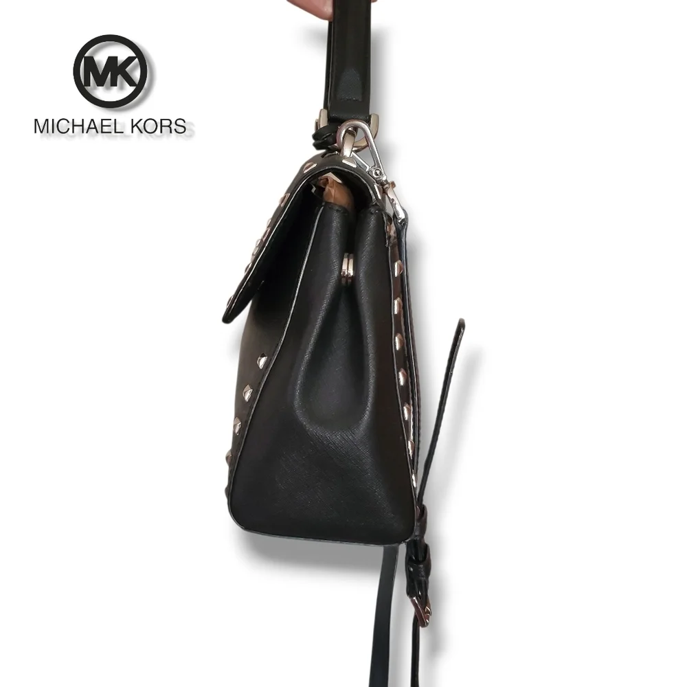 Michael KORS Black Saffiano Leather Top Handle Silver Studded Crossbody Satchel - Picture 4 of 17